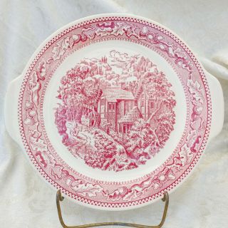 Vintage Royal China Memory Lane Pink Red Round Handled Cake Plate 11.  5 " Made Usa