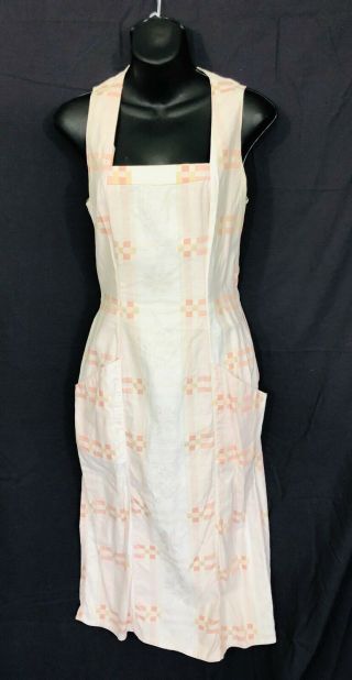Vintage 1990’s Linen Blend Damask Dress S/m Pink Sleeveless Pockets Linen Cotton