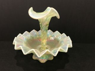 Fenton Art Glass Vaseline Opalescent Epergne With One Horn 7175 T 9” Tall