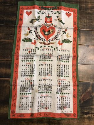Vintage 1958 Calendar Tea Towel Kitchen Fabric Linen Cloth Rooster Dutch