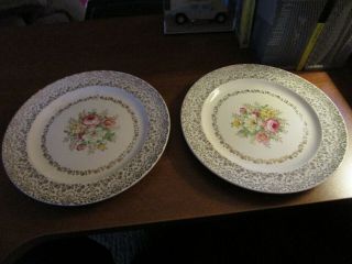 The French Saxon China Co 10 " Dinner Plates (2) 22 Karat Gold - Old Lace