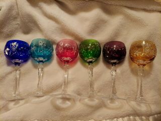 (6) Six.  Vintage Czech Bohemian Cut To Clear Crystal Colored Wine Hock