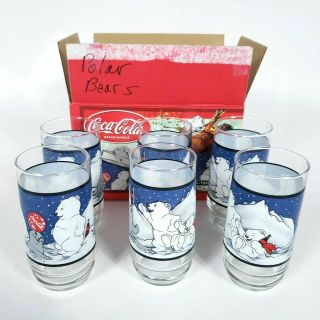 Vtg 1997 Set Of 6 Coca Cola Polar Bear Seal Glasses Indiana Glass With Orig Box