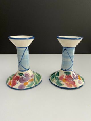Gail Pittman Annabella Floral Hand Painted Pottery Set Of 2 5 - 1/2 " Candlesticks