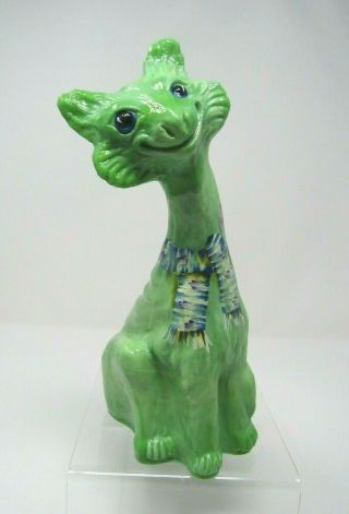 Fenton Chameleon Green Glass Alley Cat With Scarf Blue Eyes Hp Spindler