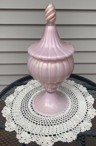 Cased Pink W/gold Empoli Circus Tent Apothecary Jar/candy Dish Mcm