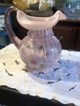 Fenton Glass Dusty Rose Rib Optic Hand Painted Artist Signed Pitcher