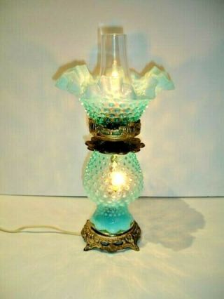 Fenton Blue Hobnail Opalescent Lamp W/lighting In The Shade & In The Font