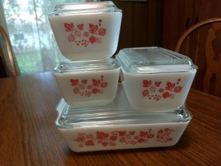 Pyrex Gooseberry Pink White Refrigerator Dishes W/ Lids Complete 8pc Set
