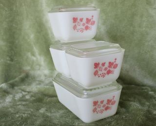 Pyrex Gooseberry Pink White Refrigerator Dishes W/lids Complete 8pc Set