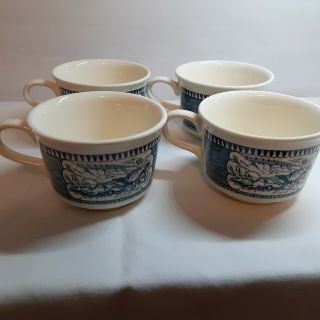 Set Of 4 Currier And Ives Royal China Vintage Cups - Rare With Fluted Edge 6 Oz.