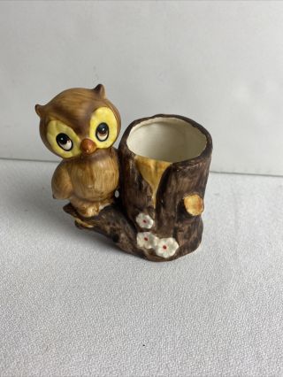 Vintage 3” Japan Ceramic Owl Toothpick Holder Brown/white Flowers Tree Stump