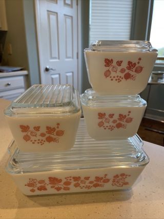 289 Pyrex Gooseberry Pink White Refrigerator Dishes W/ Lids Complete 8pc Set