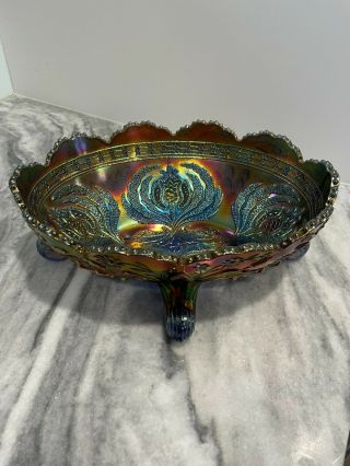 Old Fenton Thistle Amethyst Blue Banana Boat Bowl Waterlily & Cattails Footed