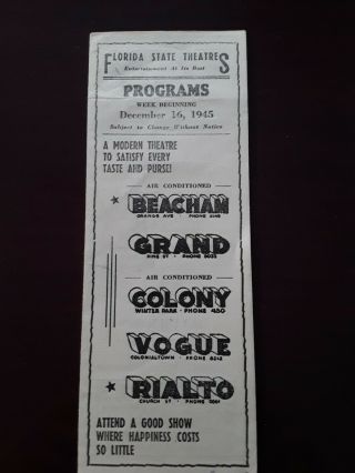 1945 Vintage Movie Program - Florida State Theatres From Orlando,  Florida.