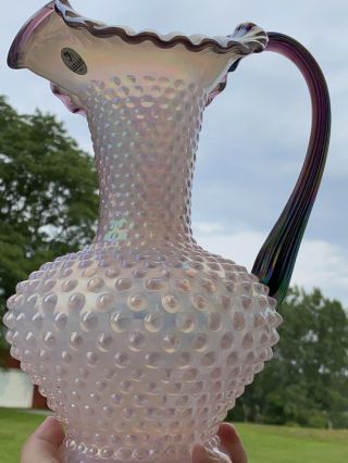 Nwt Fenton Hobnail Pink W/purple Handle And Rim Iridescent Pitcher 11” Perfect