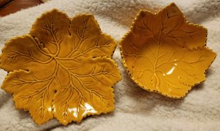 Vintage Olfaire Portugal Art Pottery Maple Leaf Dish Bowl & Plate Yellow Orange
