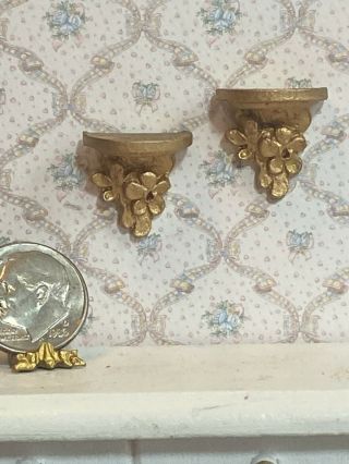 Pair Vintage Matching Wall Sconce Shelves Dollhouse 1:12 Miniature Gold Pewter