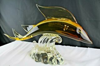 Mid Century Modern Murano Art Glass Fish Sculpture Amber Clear Wave Large 21 "