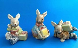 3 Vintage Miniature Glazed Porcelain Rabbits Easter Bunnies Figurines