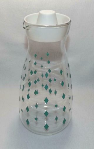 Rare Vtg Mid Century Pyrex Turquoise Teal Diamond Atomic Star Juice Carafe Glass