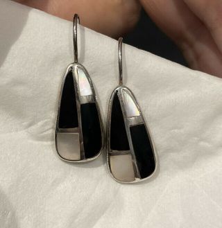 Vintage Sterling Silver Pierced Earrings Onyx And Mother Of Pearl