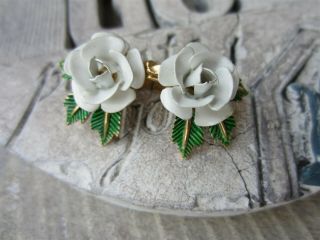 Vintage Signed Trifari White Enamel Rose Flower Clip Earrings