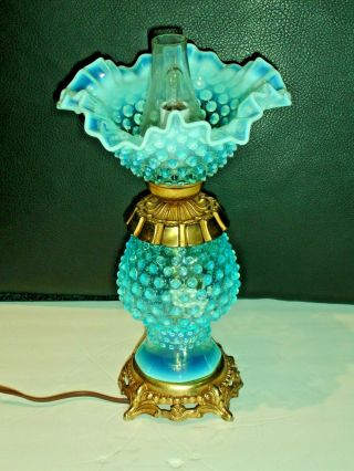 Fenton Old Blue Glass Opalescent Hobnail Lamp With Chimney