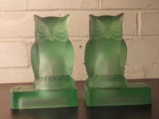 Bagley Glass Green Uranium Glass Rare Art Deco Owl Bookends