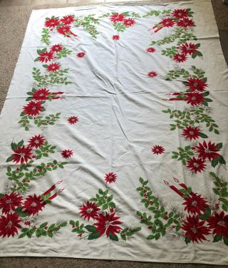 Vintage Christmas (in July?) Tablecloth - 60 X 80 - Red Poinsettia Candles Holly