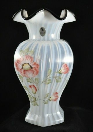 Fenton French Opalescent Rib Optic Vase Black Crest Hand Painted Poppies