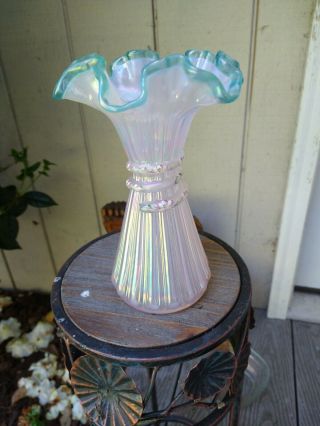 Fenton Pink Carnival Glass Hand Painted Wheat Vase