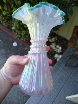 Fenton Pink Carnival Glass Hand Painted Wheat Vase 3