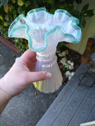 Fenton Pink Carnival Glass Hand Painted Wheat Vase 4