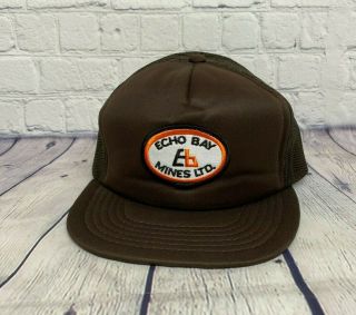 Vintage Echo Bay Mines Ltd.  Trucker Hat Foam Cap Embroidered Logo Patch Brown