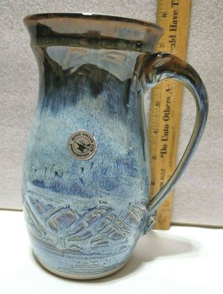 Handmade Studio Mug Stein,  Blue Swirl Drip,  Large Pottery Clay,  Artist Signed