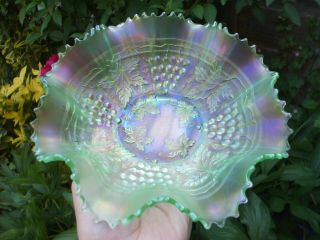 Carnival Glass.  Northwood Stippled Ice Green Ruffled Grape And Cable Bowl.