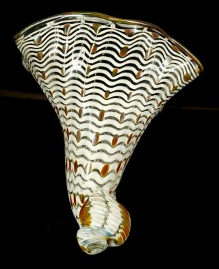 Gwen Knight White & Amber Blown Art Glass Sea Shell Cornucopia Horn of Plenty 3
