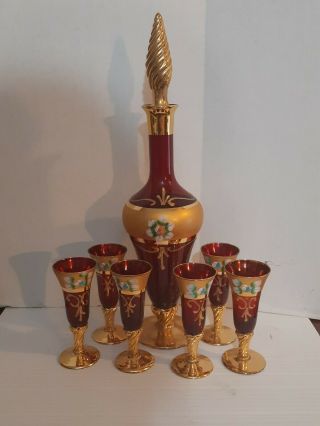 Venetian Murano Ruby Red Blown Glass Liquor Decanter & 6 - 2oz Glasses 24k Gold