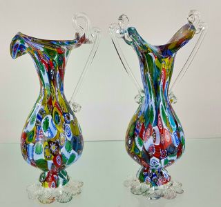 2 X Vintage 1960s Fratelli Toso Millefiori Murano Glass Jug Pitcher Vases