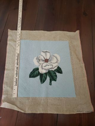 Vintage Completed Needlepoint Blue Canvas Floral Magnolia 16x14