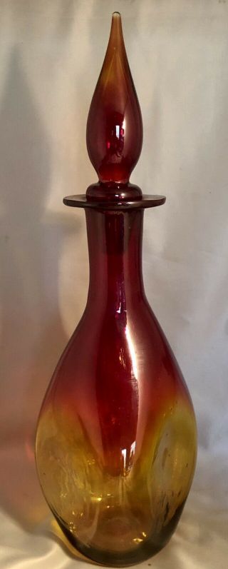 Blenko Mid Century Modern Tangerine Pinched Genie Bottle/decanter 16 1/2 Inches