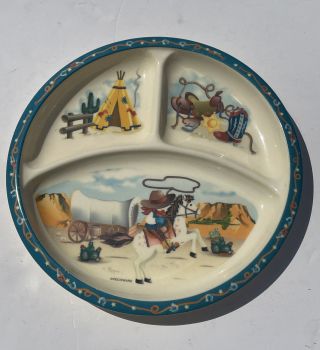 Western Children Dish Vintage Divided,  Sectioned Plate 8 1/4 Melamine Peco