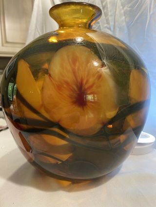 Charles Lotton 1974 Amber Floral Large Vase Etched Signature Approx 9.  5 Inches