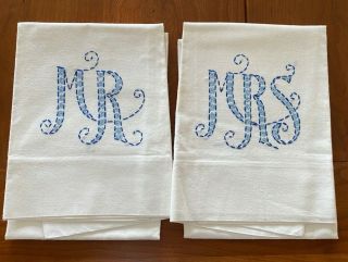 Vintage Pillow Cases - Set Of 2 - " Mr " & " Mrs " - Hand Embroidered/blue Floral