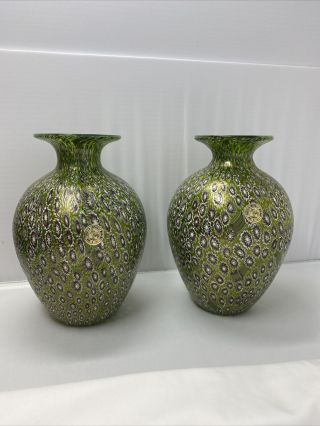 Bucella Cristalli 8 " Murano Millefiori And Gold Art Glass Vases Italy
