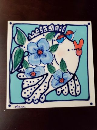 Diane Artware Ceramic Tile Trivet - Flower Fish - Blue “tina”