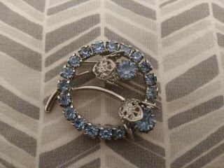 Vintage Sarah Coventry Brooch Pin Ice Blue Rhinestone Round With Flowers Silver