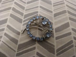Vintage Sarah Coventry Brooch Pin Ice Blue Rhinestone Round with Flowers Silver 2
