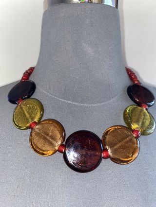 Vintage Glass Necklace Hand Blown Red And Honey Yellow Color